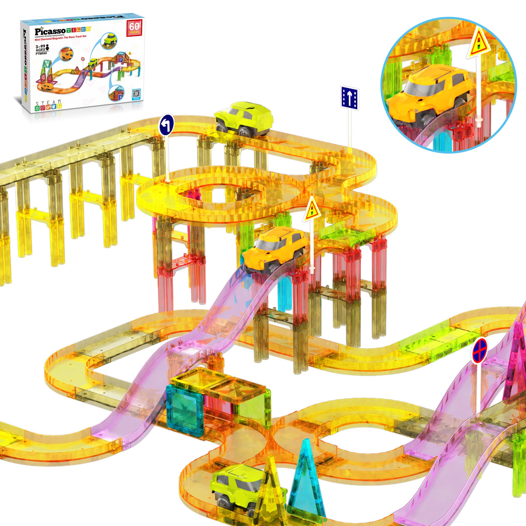 60pc Magnet Tile Race Track Set LED Car Travel Size-PTMR60
